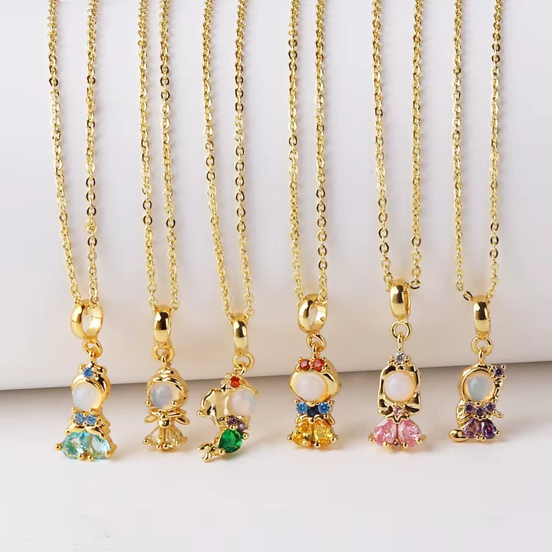 Luxury Zircon Beautiful Princess Pendant Necklace for Women Copper Gold Plated Link Chain Mermaid Fishtail Necklace Jewelry