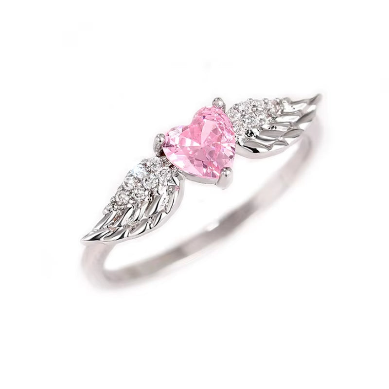 Chic Angel Wing Ring Female Engagement Jewelry Romantic Heart Pink Zirconia Finger Accessories Delicate Love Accessories