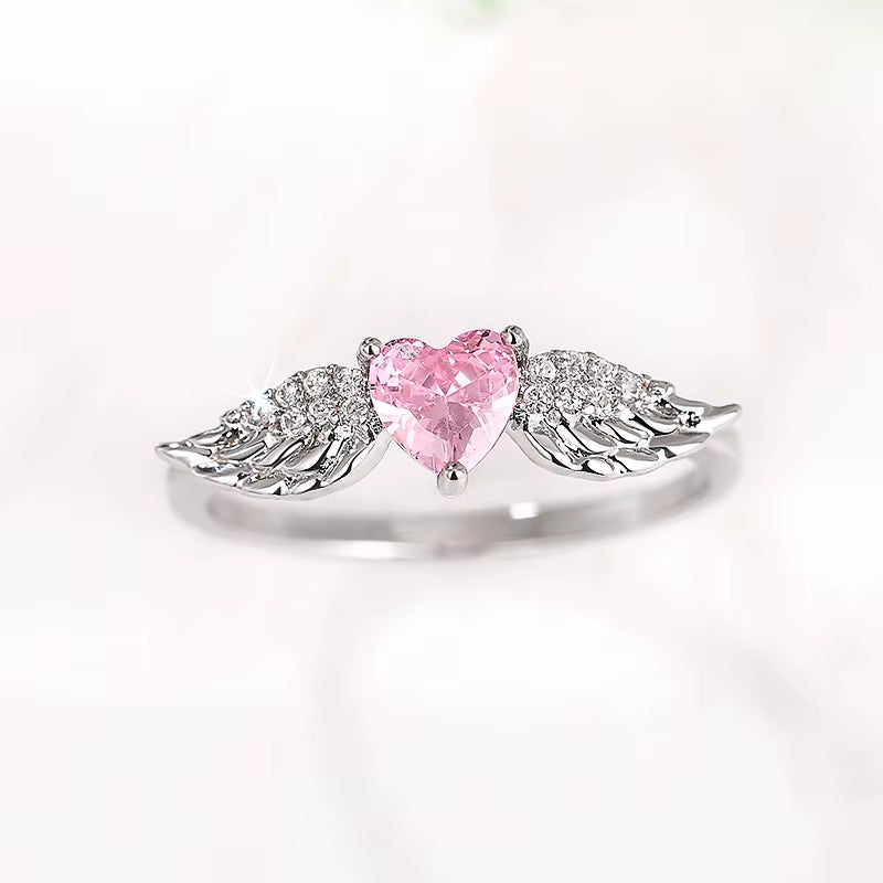 Chic Angel Wing Ring Female Engagement Jewelry Romantic Heart Pink Zirconia Finger Accessories Delicate Love Accessories