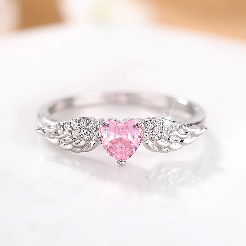 Chic Angel Wing Ring Female Engagement Jewelry Romantic Heart Pink Zirconia Finger Accessories Delicate Love Accessories