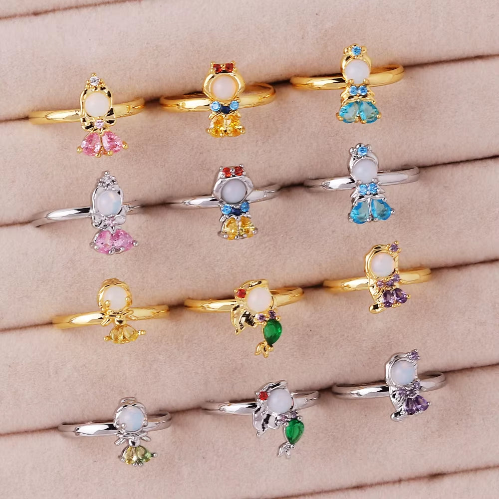 Cartoon Princess Ring Frozen Elsa Snow White Mermaid Princess Women Kawaii Jewelry Accessories Party Adjustable Open Ring