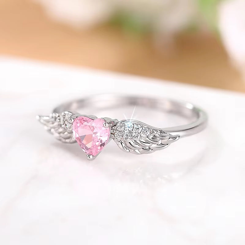 Chic Angel Wing Ring Female Engagement Jewelry Romantic Heart Pink Zirconia Finger Accessories Delicate Love Accessories