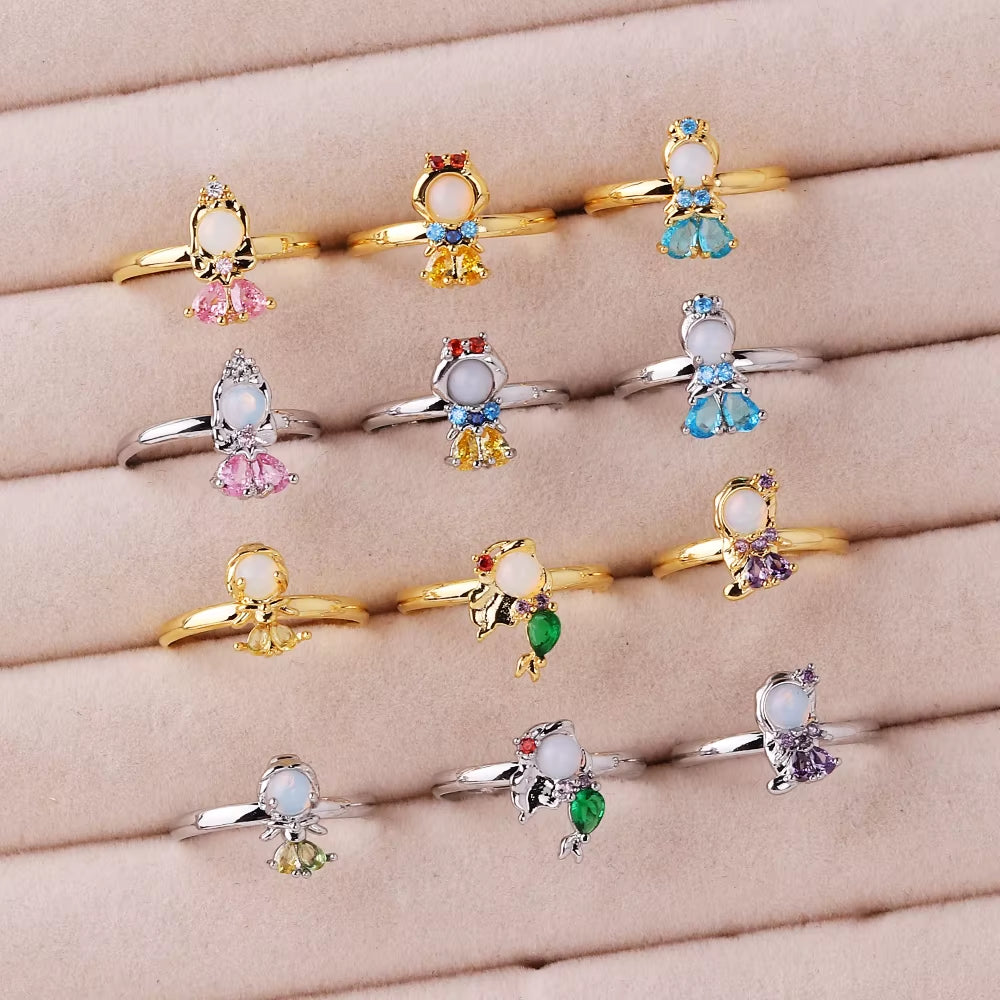 Cartoon Princess Ring Frozen Elsa Snow White Mermaid Princess Women Kawaii Jewelry Accessories Party Adjustable Open Ring