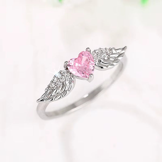 Chic Angel Wing Ring Female Engagement Jewelry Romantic Heart Pink Zirconia Finger Accessories Delicate Love Accessories