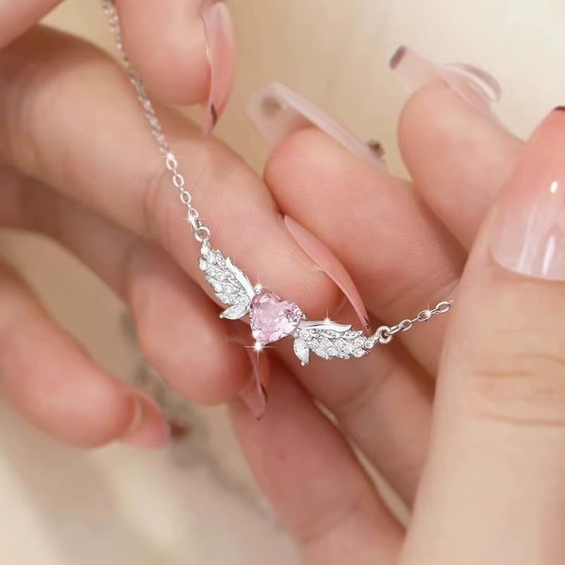 Crystal Angel Wings Pink Heart Pendant Necklaces Y2K Girl Women Heart Clavicle Chain Choker Fashion Jewelry Gifts