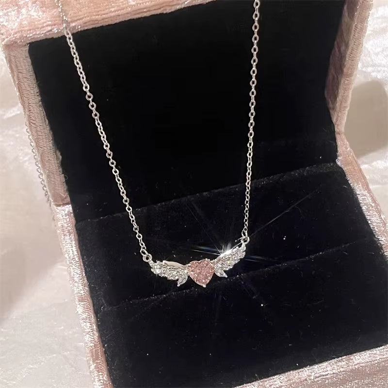 Crystal Angel Wings Pink Heart Pendant Necklaces Y2K Girl Women Heart Clavicle Chain Choker Fashion Jewelry Gifts