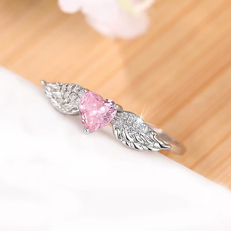 Chic Angel Wing Ring Female Engagement Jewelry Romantic Heart Pink Zirconia Finger Accessories Delicate Love Accessories