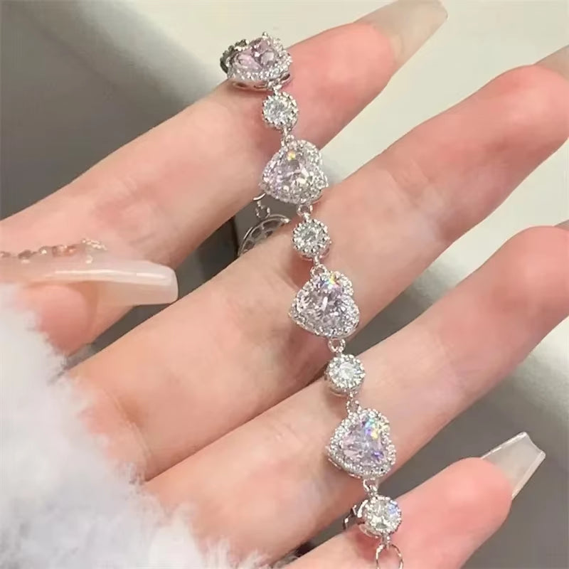 Fashion White Pink Zircon Heart Women Bracelets Bangles Girls Shinny Bridal Bracelet Party Jewelry Valentine'S Day Gift