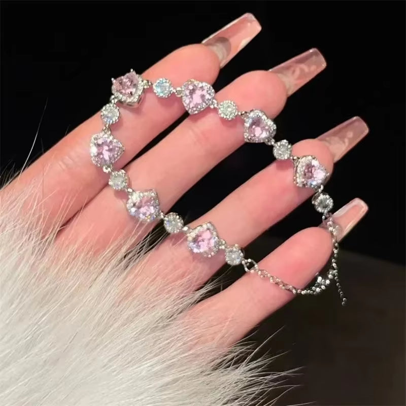 Fashion White Pink Zircon Heart Women Bracelets Bangles Girls Shinny Bridal Bracelet Party Jewelry Valentine'S Day Gift