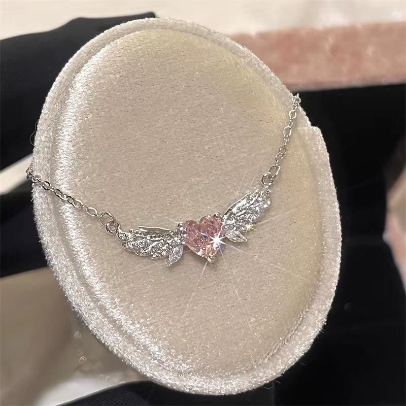 Crystal Angel Wings Pink Heart Pendant Necklaces Y2K Girl Women Heart Clavicle Chain Choker Fashion Jewelry Gifts